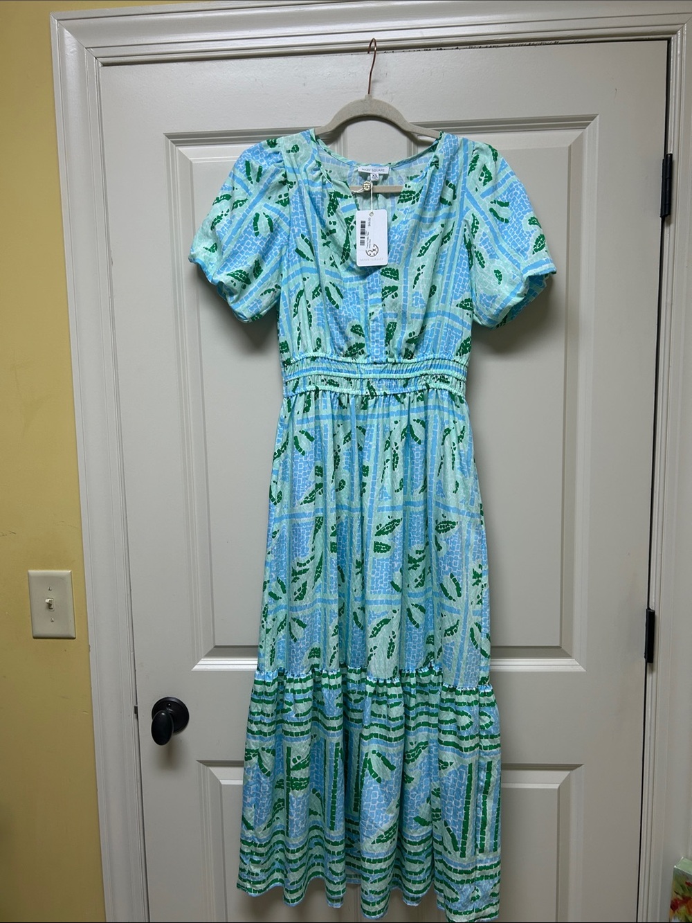 Mary Square Light  Blue & Green Printed Midi Dress